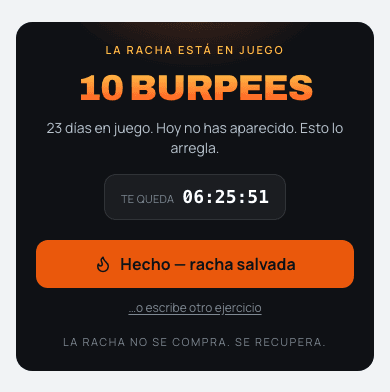 Pantalla de rescate de hoyfit: el reto de 10 burpees, una cuenta atrás hasta medianoche y el lema «la racha no se compra, se recupera».
